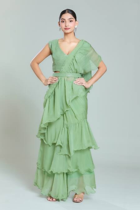 Shop_Naintara Bajaj_Green Organza, Georgette Sequins V-neck Solid Tiered Pre-draped Ruffle Saree Set