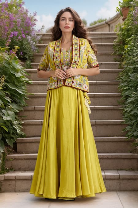 Samyukta Singhania Yellow Tissue Embroidered Thread Jacket Open Solid Lehenga Floral Set 