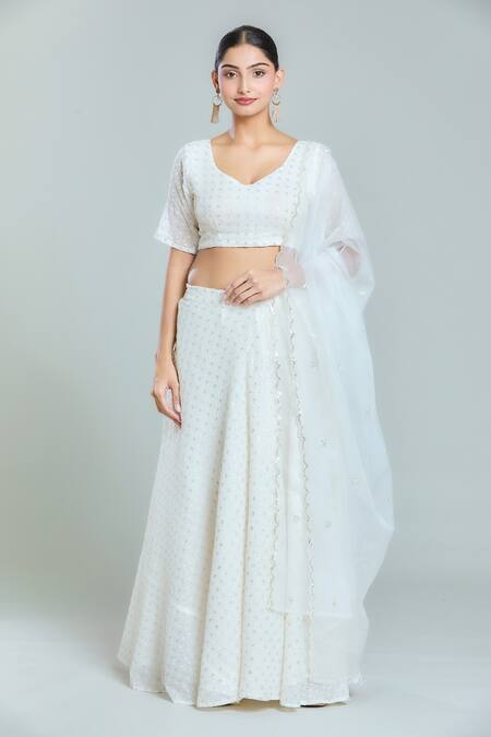 Shop_Naintara Bajaj_White Organza, Georgette Sequins Shimmering Snowflake Embroidered Lehenga Set