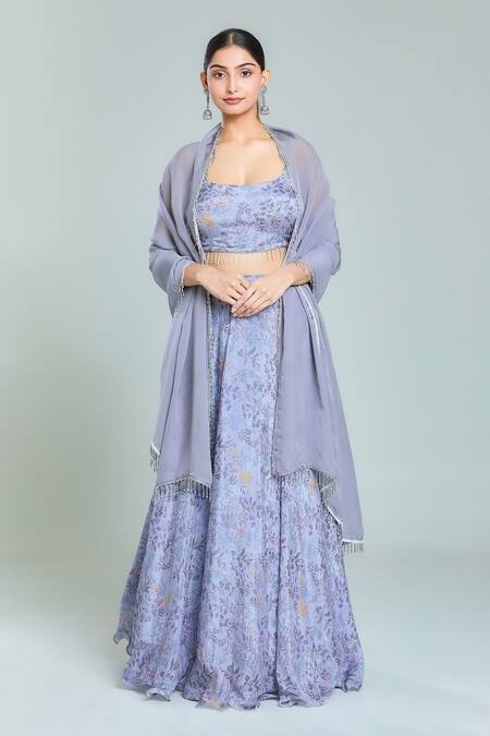 Shop Samyukta Singhania Grey Organza, Chiffon Tassels Scoop Neck Flint Gardenia Print Lehenga Set Shop_Samyukta Singhania_Grey Organza, Chiffon Tassels Scoop Neck Flint Gardenia Print Lehenga Set