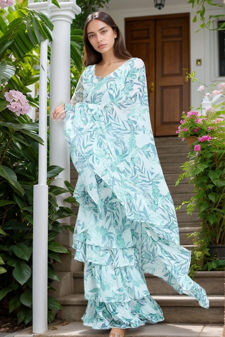 Samyukta Singhania White Georgette Print Woods V Cloudburst Tiered Pre-draped Ruffle Saree Set 