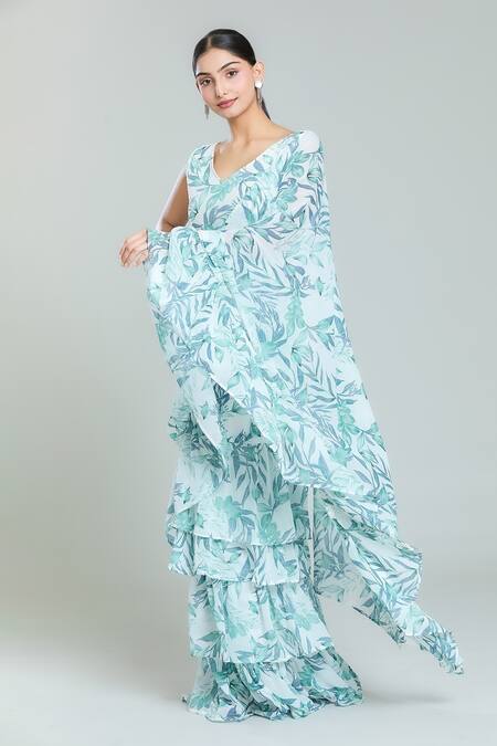 Shop Naintara Bajaj White Georgette V-neck Cloudburst Woods Print Tiered Pre-draped Ruffle Saree Set Shop_Naintara Bajaj_White Georgette V-neck Cloudburst Woods Print Tiered Pre-draped Ruffle Saree Set