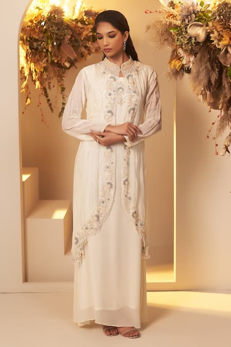 Baidehi White Organza, Georgette, Cotton Cut Work, Floral Embroidered Jacket With Gown Online at Aza Fashions Baidehi_White Organza, Georgette, Cotton Cut Work, Floral Embroidered Jacket With Gown _Online_at_Aza_Fashions