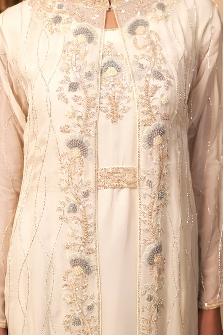 Buy Baidehi White Organza, Georgette, Cotton Cut Work, Floral Embroidered Jacket With Gown Online at Aza Fashions Buy_Baidehi_White Organza, Georgette, Cotton Cut Work, Floral Embroidered Jacket With Gown _Online_at_Aza_Fashions