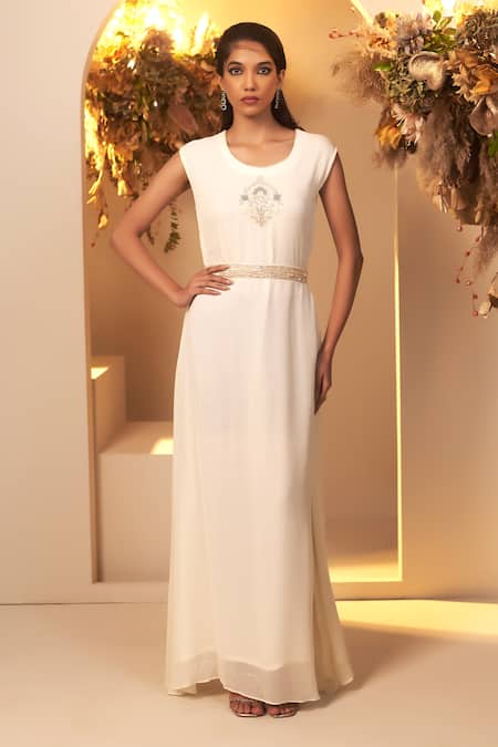 Shop Baidehi White Organza, Georgette, Cotton Cut Work, Floral Embroidered Jacket With Gown Online at Aza Fashions Shop_Baidehi_White Organza, Georgette, Cotton Cut Work, Floral Embroidered Jacket With Gown _Online_at_Aza_Fashions