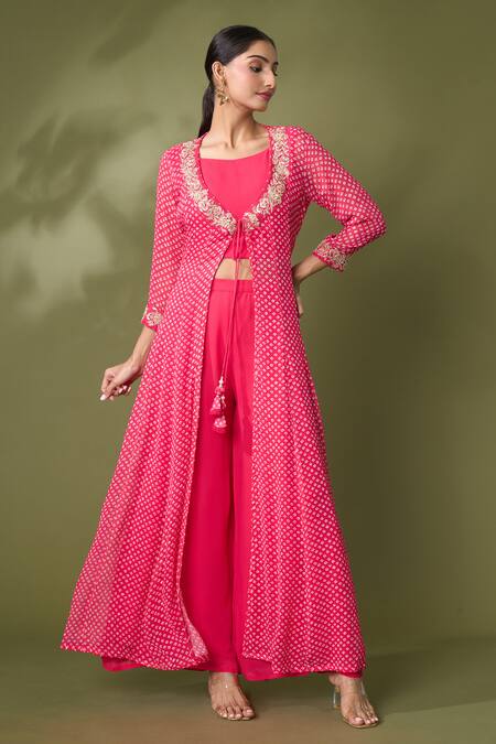 Buy_Samyukta Singhania_Red Georgette Gota Patti Boat Neck Bandhej Print Embroidered Jacket Pant Set