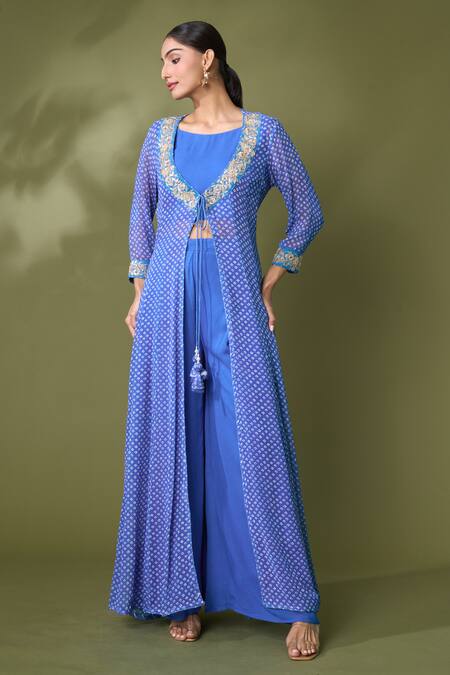 Buy_Samyukta Singhania_Blue Georgette Embroidery Boat Neck Bandhej Print Jacket Flared Pant Set