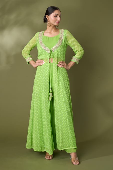 Shop Samyukta Singhania Green Georgette Gota Patti, Longline Bandhej Print Jacket Flared Pant Set Shop_Samyukta Singhania_Green Georgette Gota Patti, Longline Bandhej Print Jacket Flared Pant Set