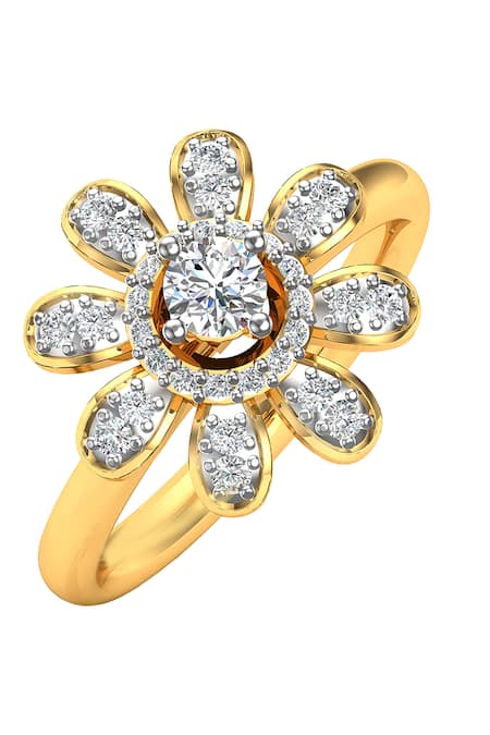 Divine Solitaires 18KT Yellow Gold Diamond Studded Floral Ring 