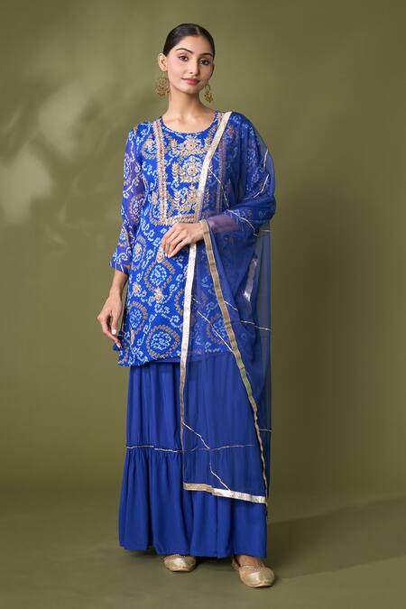 Buy_Samyukta Singhania_Blue Georgette, Net Gota Patti Bandhani Print Embroidered Kurta Sharara Set