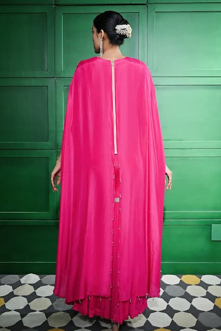 Shop Keith Gomes Pink Chiffon, Crepe Sequins, Beads, Gota Embroidered High-low Tunic Gharara Set at Aza Fashions Shop_Keith Gomes_Pink Chiffon, Crepe Sequins, Beads, Gota Embroidered High-low Tunic Gharara Set _at_Aza_Fashions