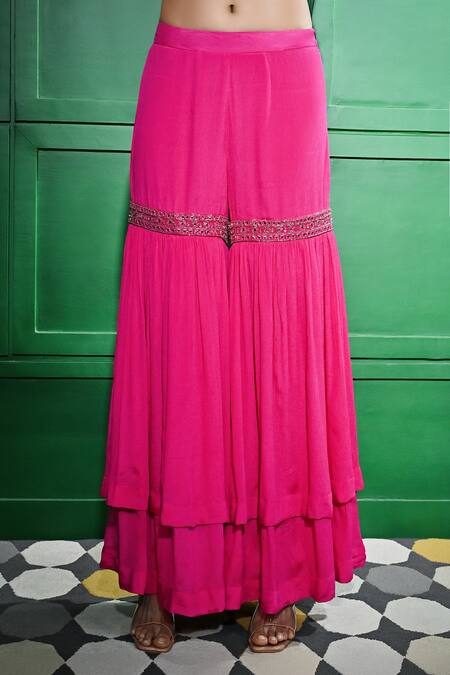 Shop Keith Gomes Pink Chiffon, Crepe Sequins, Beads, Embroidered Cut-out Tunic Gharara Set Online at Aza Fashions Shop_Keith Gomes_Pink Chiffon, Crepe Sequins, Beads, Embroidered Cut-out Tunic Gharara Set _Online_at_Aza_Fashions