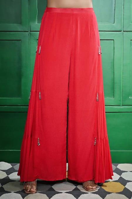 Keith Gomes_Red Chiffon, Crepe Beads, Sequins, Mirrors Open Embroidered Tunic Sharara Set _at_Aza_Fashions