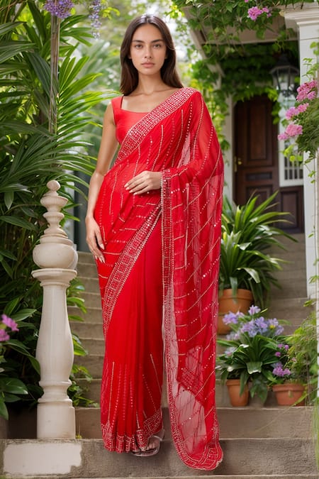 Samyukta Singhania Red Blended Embroidery Mirror Scoop Neck Sheesha Vine Pattern Saree With Blouse 