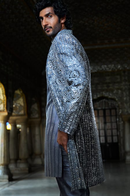 Shop_Seema Gujral_Grey Silk Mirrors, Stones Embroidered Jacket And Kurta Set _at_Aza_Fashions