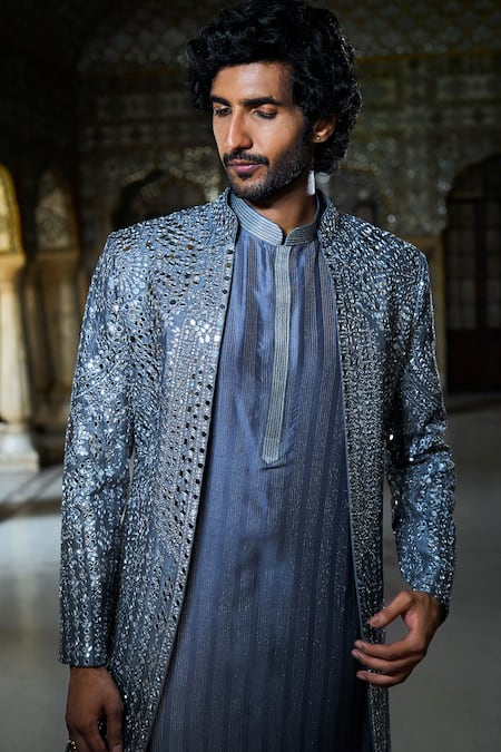 Seema Gujral_Grey Silk Mirrors, Stones Embroidered Jacket And Kurta Set _Online_at_Aza_Fashions