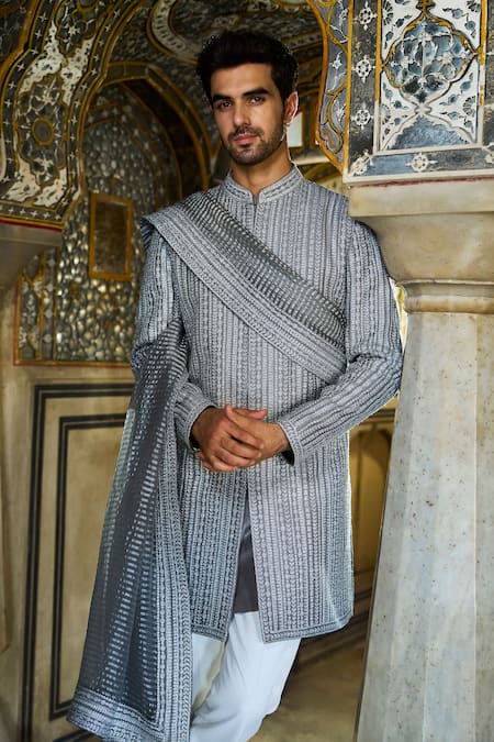 Seema Gujral Silver Sherwani Raw Silk Embroidery Dori Set 