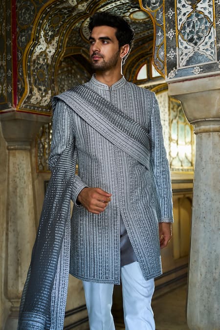 Seema Gujral_Silver Sherwani Raw Silk Embroidery Dori Set _Online_at_Aza_Fashions