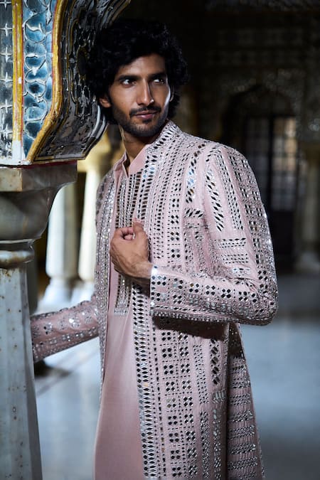 Seema Gujral_Rose Gold Silk, Cotton Mirrors Geometric Embroidered Jacket And Kurta Set _Online_at_Aza_Fashions