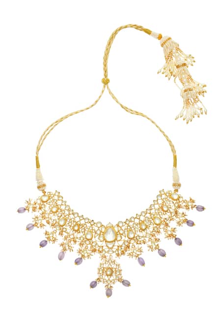Shop_MAISARA JEWELRY_Gold Plated Stones, Beads, Applique Pradha Carved Embellished Necklace Set _at_Aza_Fashions