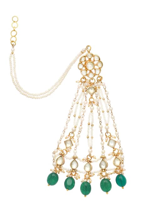 Shop MAISARA JEWELRY Green Stones, Beads, Zari Harita Embellished Earrings at Aza Fashions Shop_MAISARA JEWELRY_Green Stones, Beads, Zari Harita Embellished Earrings _at_Aza_Fashions