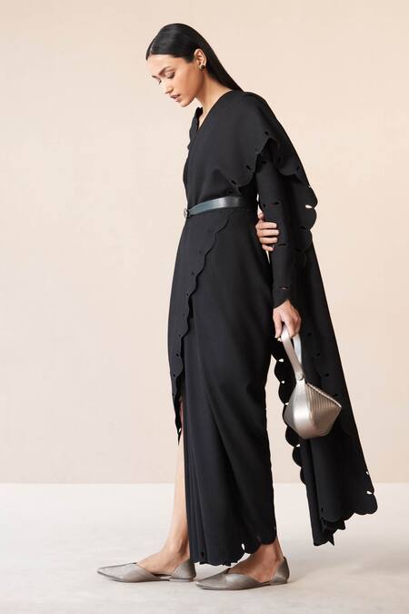 Shop Ampm Black Wool Cut Work V-neck Nara Scallop Hem Saree Gown With Belt Online at Aza Fashions Shop_Ampm_Black Wool Cut Work V-neck Nara Scallop Hem Saree Gown With Belt _Online_at_Aza_Fashions