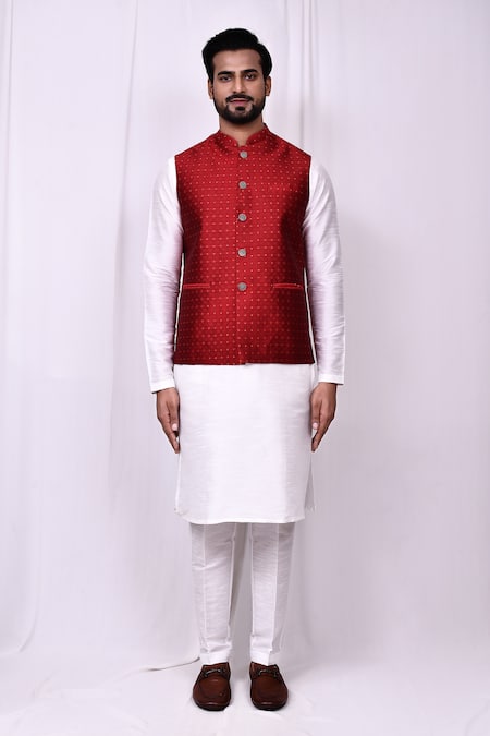 Shop_Arihant Rai Sinha_Red Silk Embroidery Geometric Bundi Kurta Set _Online_at_Aza_Fashions