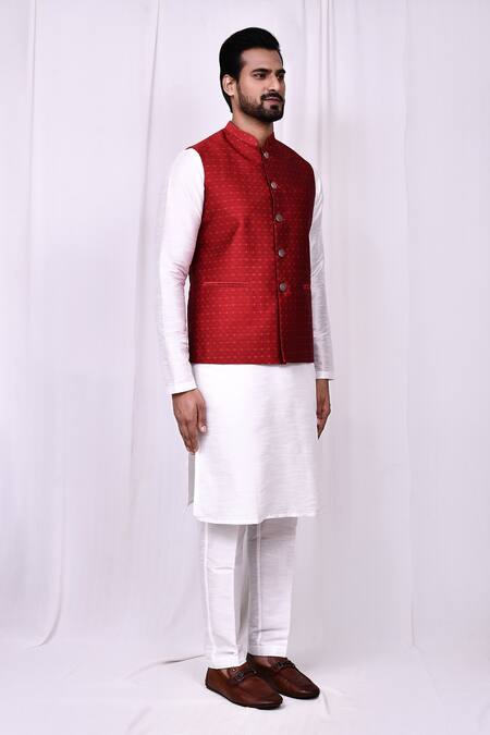 Buy_Arihant Rai Sinha_Red Silk Embroidery Geometric Bundi Kurta Set 