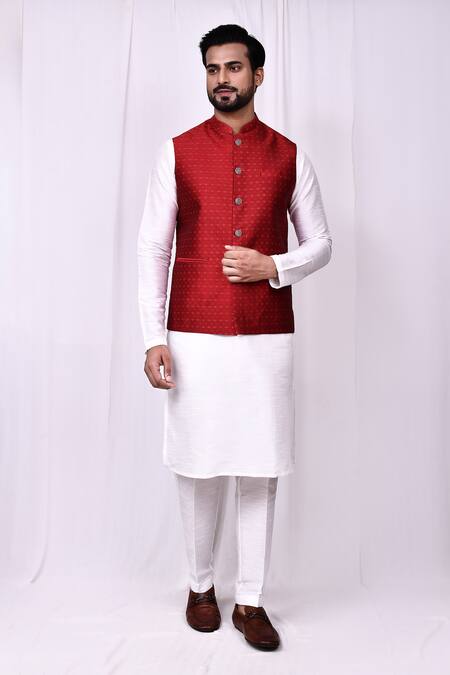 Shop_Arihant Rai Sinha_Red Silk Embroidery Geometric Bundi Kurta Set 
