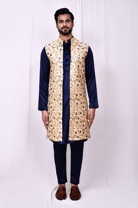 Shop_Arihant Rai Sinha_Beige Silk, Satin Embroidery Floral Jaal Bundi Kurta Set _Online_at_Aza_Fashions