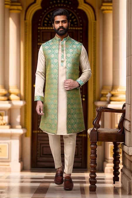 Arihant Rai Sinha Floral Jaal Print Longline Bundi Kurta Set 