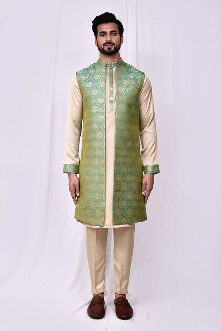 Arihant Rai Sinha_Green Silk, Satin Embroidery Floral Jaal Print Longline Bundi Kurta Set _at_Aza_Fashions
