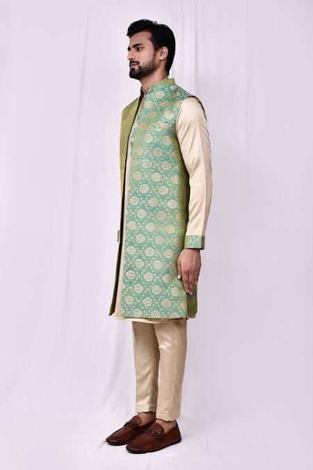 Buy_Arihant Rai Sinha_Green Silk, Satin Embroidery Floral Jaal Print Longline Bundi Kurta Set 