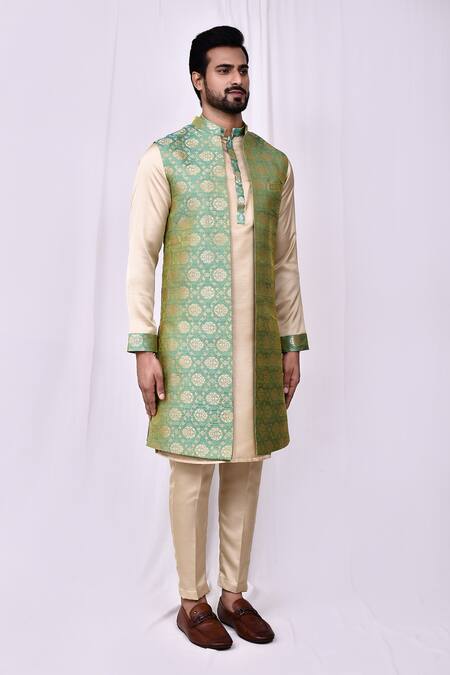 Shop_Arihant Rai Sinha_Green Silk, Satin Embroidery Floral Jaal Print Longline Bundi Kurta Set 