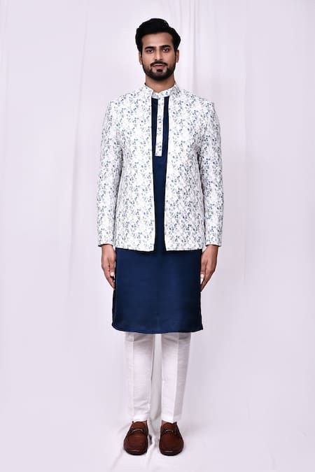 Shop_Arihant Rai Sinha_White Jacquard, Silk, Cotton Embroidery Floral Pattern Jacket And Kurta Set _Online_at_Aza_Fashions