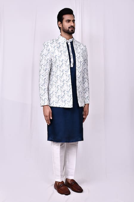 Buy_Arihant Rai Sinha_White Jacquard, Silk, Cotton Embroidery Floral Pattern Jacket And Kurta Set 