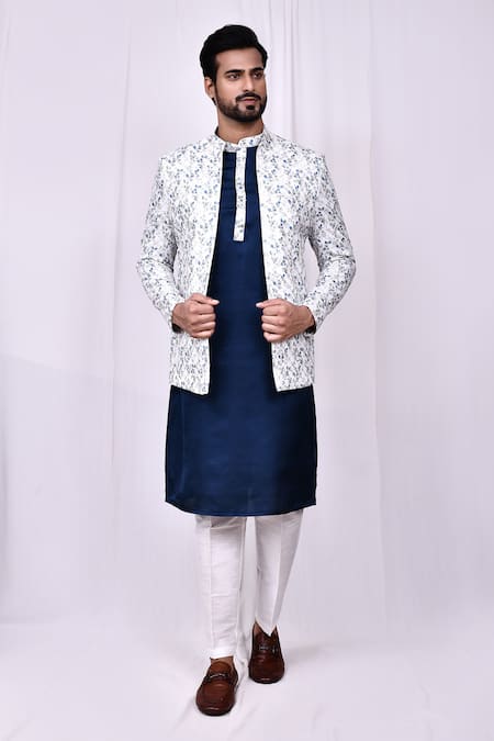 Shop_Arihant Rai Sinha_White Jacquard, Silk, Cotton Embroidery Floral Pattern Jacket And Kurta Set 