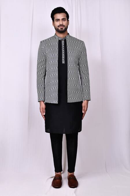 Shop_Arihant Rai Sinha_White Satin, Silk Geometric Chevron Print Jacket And Pant Pyjama Set _Online_at_Aza_Fashions