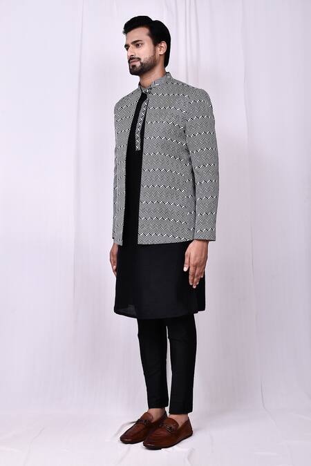 Arihant Rai Sinha_White Satin, Silk Geometric Chevron Print Jacket And Pant Pyjama Set _at_Aza_Fashions