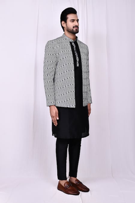 Buy_Arihant Rai Sinha_White Satin, Silk Geometric Chevron Print Jacket And Pant Pyjama Set 