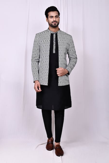 Shop_Arihant Rai Sinha_White Satin, Silk Geometric Chevron Print Jacket And Pant Pyjama Set 