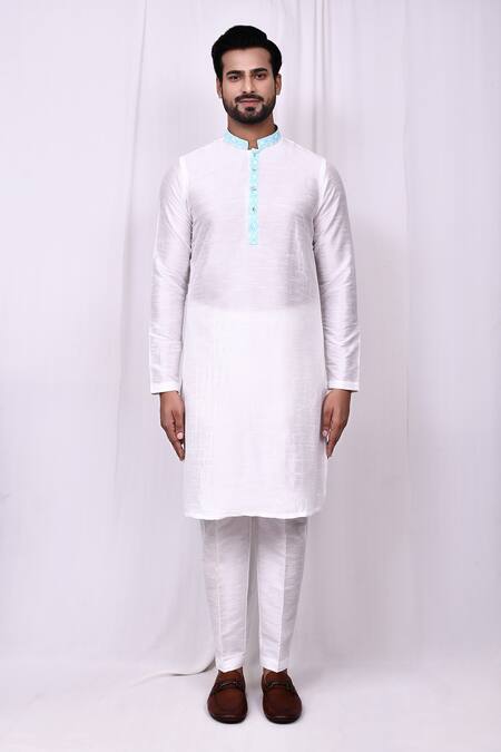 Buy_Arihant Rai Sinha_Blue Silk, Cotton Embroidery Floral Trellis Jacket Kurta Set _Online_at_Aza_Fashions