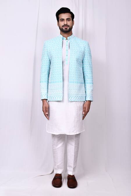 Shop_Arihant Rai Sinha_Blue Silk, Cotton Embroidery Floral Trellis Jacket Kurta Set _Online_at_Aza_Fashions