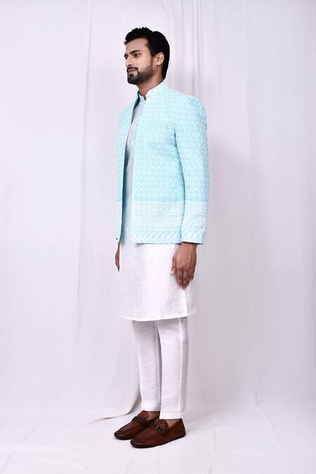 Arihant Rai Sinha_Blue Silk, Cotton Embroidery Floral Trellis Jacket Kurta Set _at_Aza_Fashions