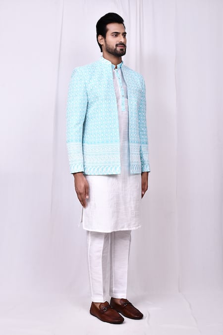 Buy_Arihant Rai Sinha_Blue Silk, Cotton Embroidery Floral Trellis Jacket Kurta Set 