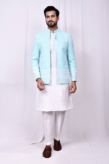 Shop_Arihant Rai Sinha_Blue Silk, Cotton Embroidery Floral Trellis Jacket Kurta Set 