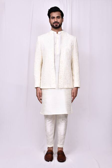 Shop_Arihant Rai Sinha_Cream Silk Embroidery Floral Vine Jacket Kurta Set _Online_at_Aza_Fashions