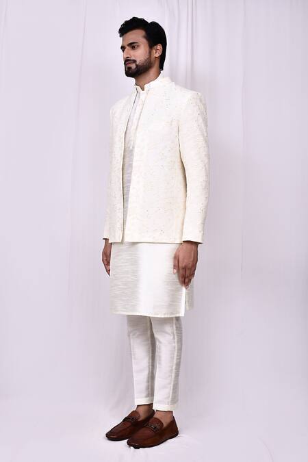 Arihant Rai Sinha_Cream Silk Embroidery Floral Vine Jacket Kurta Set _at_Aza_Fashions