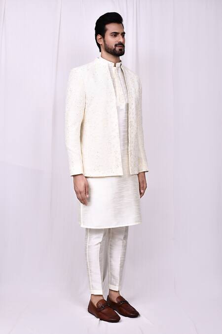 Buy_Arihant Rai Sinha_Cream Silk Embroidery Floral Vine Jacket Kurta Set 