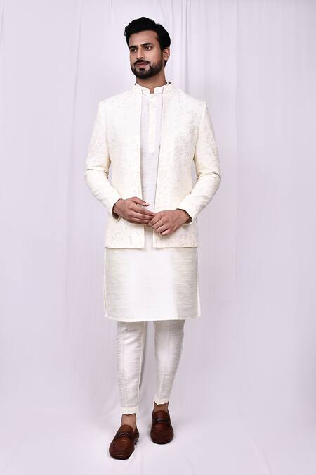 Shop_Arihant Rai Sinha_Cream Silk Embroidery Floral Vine Jacket Kurta Set 